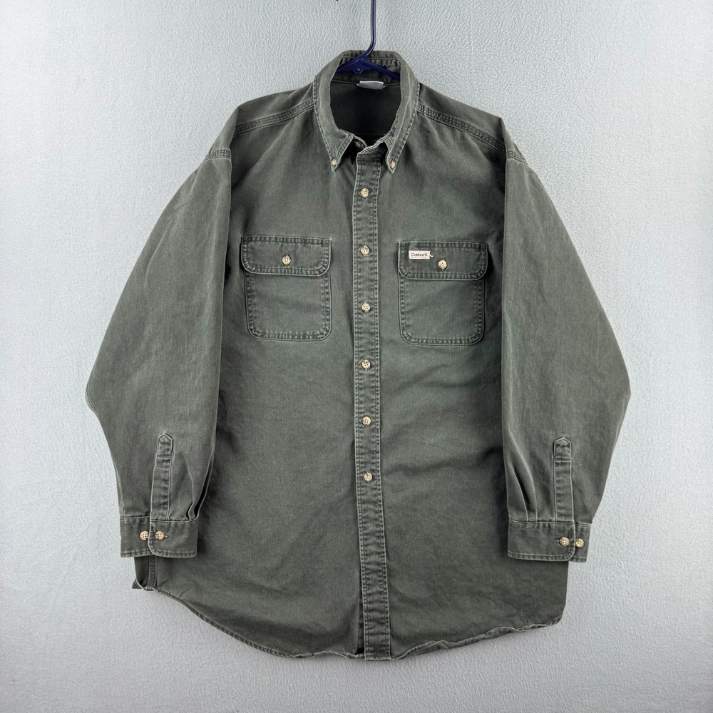 Vintage Carhartt Shirt Mens Large Tall Green Twill Heavy Cotton Button Up 90s